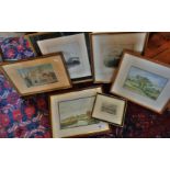 Two small framed watercolours and four various framed engravings