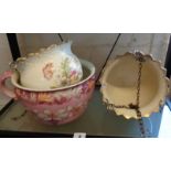 Pair of Victorian floral painted china hanging jardinieres and a pink floral decorated chamber pot