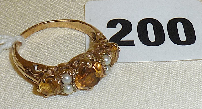 Citrine and seed pearl gold ring indistinctly marked as 18ct, size Q