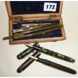 Old draughtsman's tools and fountain pens - a green marbled Conway Stewart and a Commonwealth pen