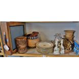Shelf of assorted items, inc. Doulton Stoneware jardiniere, Chinese carved bamboo brush pot (A/F), 8