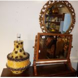 Oak framed rectangular cheval toilet mirror, a Bitossi ceramic table lamp base and a gilt framed