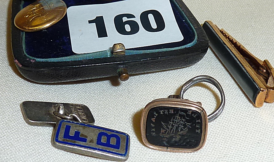 Gold? cufflinks and Intaglio fob seal depicting galleon, etc. - Image 2 of 2