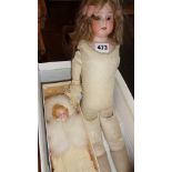 German Armand Marseille bisque doll with cloth body, and another probably French, in original box,