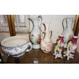 Shelf of assorted porcelain and china, inc. figurines, vases and a chamber pot