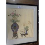 19th c. Chinese watercolour on silk of vases on stands with flowers