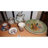 Poole Pottery dish with blue tits, an 18th c. Derby spill vase (A/F), and other pots