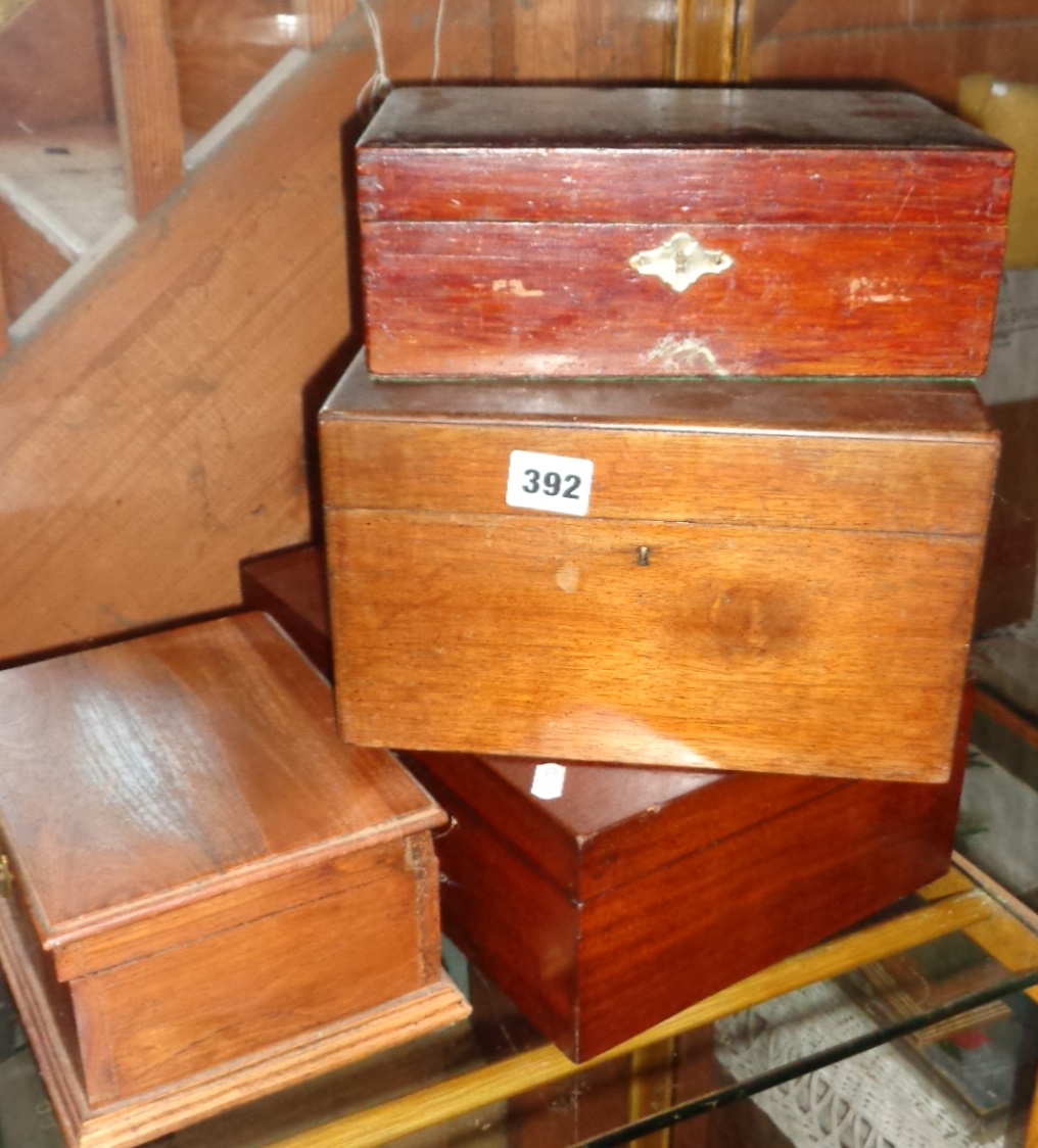 Four old wooden boxes, two with compartments for jewellery