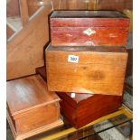 Four old wooden boxes, two with compartments for jewellery