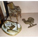 Egyptian brass throne, brass cockerel label and a Puma Keiler Trittsiegel bronze boar hoof