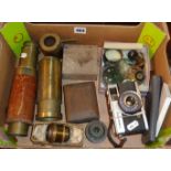 Olympus camera (Trip 35), old microscope slides in box, scientific equipment, lenses, telescope,