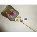 Early 20th c. Chinese hand mirror with ornately carved ivory handle and inset painted ladies