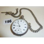 Silver pocket watch by A.L. Davenport, hallmarked for Birmingham 1929. With silver fob chain and