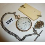 Rolled gold pocket watch by Elkington, with hallmarked silver fob chain, together with an early 20th