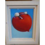 A Doug HYDE original pastel painting of a red balloon with figure titled verso "Top of the World",