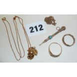 9ct gold rings, chain with rose pendant and a silver propelling pencil for chatelaine set with