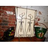 1950s wrought iron and wood firescreen and a bargeware bucket and a similar coal hod