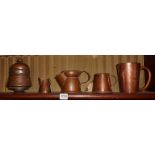 Victorian copper shaving mug, two copper tankards and two other copper items