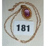 Amethyst and pearl pendant on chain, chain marked as 14K USA CHI