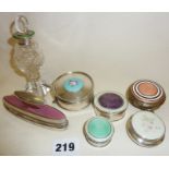 Collection of hallmarked silver guilloche enamel vanity items (one plated), cut glass scent bottle