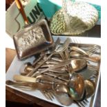 Box containing assorted silver plated cutlery, crumb scoop, bread fork, etc.