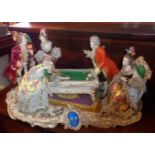 Large 19th c. Volkstedt porcelain group of a lady and gentleman playing billiards with three