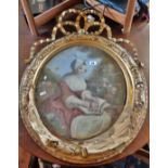 19th c. oval giltwood and gesso frame with entwined ribbon enclosing convex glass portrait of a