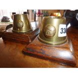 Pair of brass and wood Trench Art candlesticks