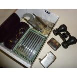 Box of collectables - coins, spectacles, gramophone needle case, cigarette case, etc.