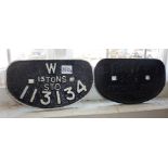 Two Railway cast iron wagon plates. 1) Marked W 15TONS STD 113134, and 2) B931427 22T SHILDON 1951