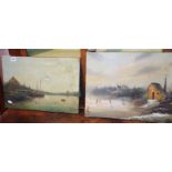 Oil on canvas (unframed) of a river scene with boats and figures by George STAINTON (1855-1899)