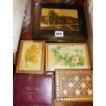 Victorian pictorial ebonised box for cotton reels with interior advert for Anchor Sewing Cotton, two