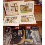 Collection of vintage Perrier golfing prints (9) and Life magazines from the moon landing 1969