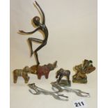 Bronze and silver plated animal figures, Art Deco greyhound knife rests, mid century dancing lady,