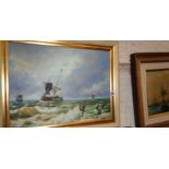 Marine oil on canvas signed Paul Wrangler and an olegraph print of the River Thames