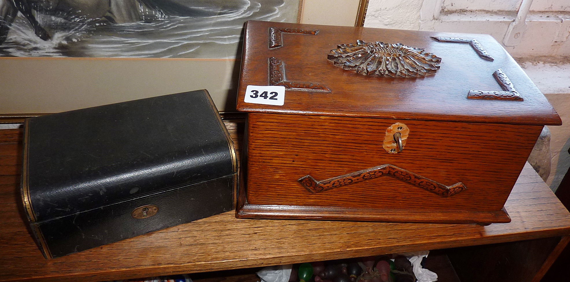Oak jewellery box with drawers and a similar leather covered