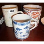 Three Chinese porcelain large mugs or tankards