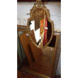 Modern gilt framed rectangular wall mirror and small shield shaped similar