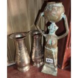 Tribal Art - African Ashanti bronze figure of a woman carrying a water pot (11") and a pair of