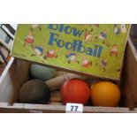 Vintage boxed Chad Valley blow football game with wooden skittles and balls in pine box
