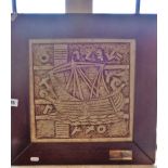 Wood framed ceramic relief plaque of a Phoenician sailing vessel commemorating the