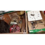 Two boxes of assorted items inc. wall clock, brass oil lamp, etc.