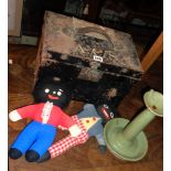 Victorian tin deed box, two golliwogs and large pottery candlestick