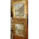 Pair of 19th c. watercolours of riverside scenes with figures in shaped gilt frames