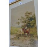 Victorian watercolour of a farmer watering two horses with dog by J. BARCLAY, 23" x 17" in gilt