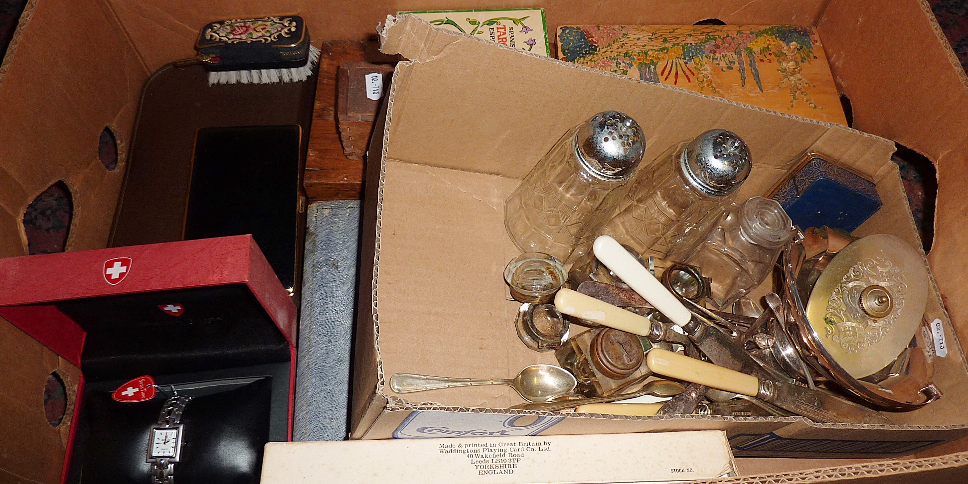 Box of assorted items, inc. silver plated cutlery, dominoes etc.