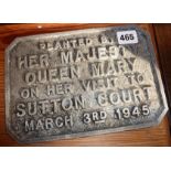 Architectural Salvage - Queen Mary iron plaque commemorating a visit to Sutton Court 1945