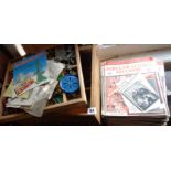 Box of assorted Meccano parts (blue, yellow, red and green), and a complete set of "The Popular