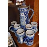 Large 19th c. German Westerwald beer jug and six similar beer mugs