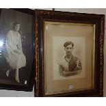 Large framed Edwardian photograph and portrait of a football player and another of a lady in a